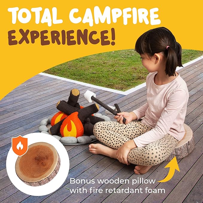 Pretend Campfire Set for Kids with S'Mores Kit & Wood Log Pillow - Soft, Safe & Durable Toy Campfire for Pretend Play & Sensory Play - Giftable Plush Felt Kids Campfire Playset for Ages 3+