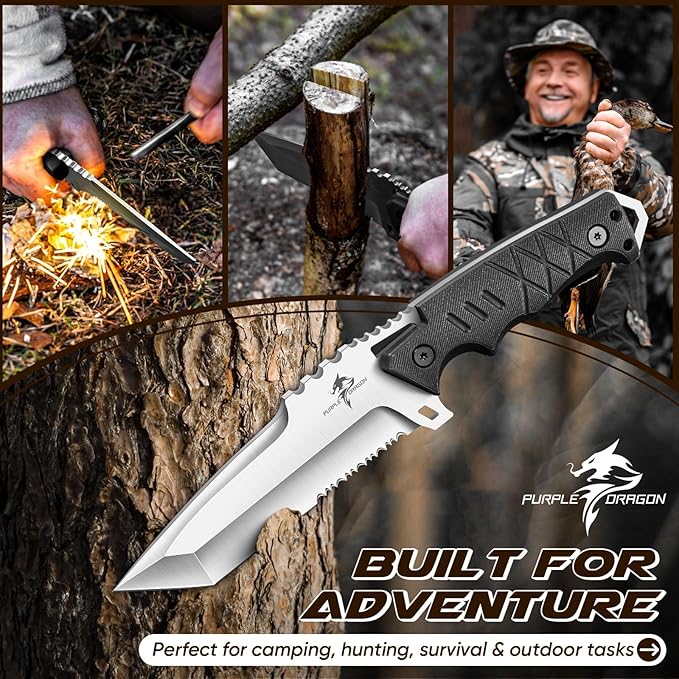 Purple Dragon Tanto Knife with Sheath - Fixed Blade Knife with D2 Steel Blade and G10 Handle - Camping Knives for Bushcraft - Survival - Hiking - Ideal Christmas Gift for Men and Women