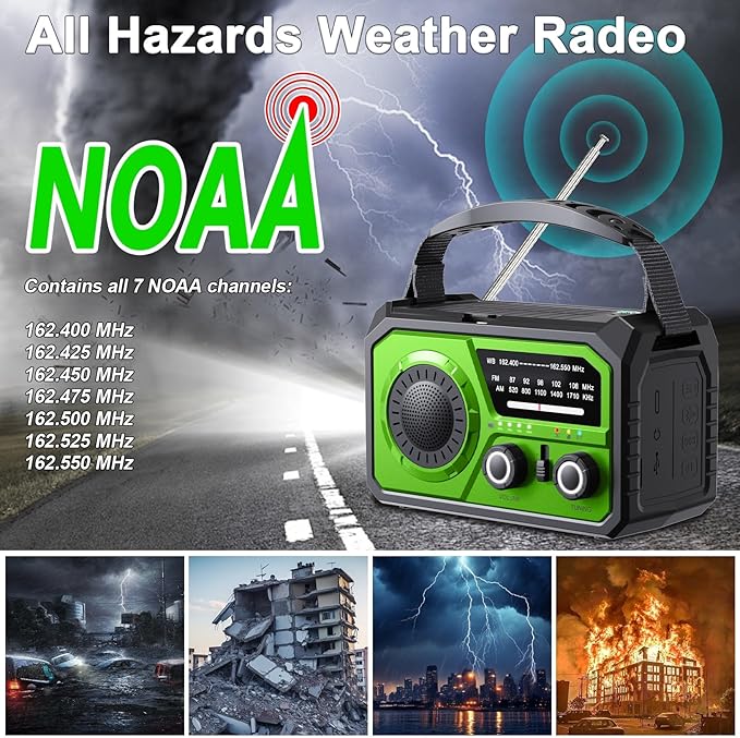 16000mAh Hand Crank Emergency Weather Radio with Wireless Speaker, 59200mWh NOAA AM FM Solar Radio with Flashlight Cell Phone Charger Reading Lamp Compass SOS for Camping and Survival (Green)