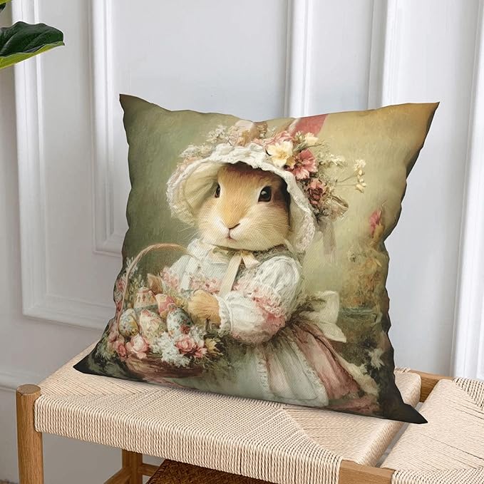 Easter Bunny Throw Pillow Covers 18 X 18 Inch Set of 4 Decorative Cushion Cover Home Decor for Sofa Chair Couch Bedroom Living Room