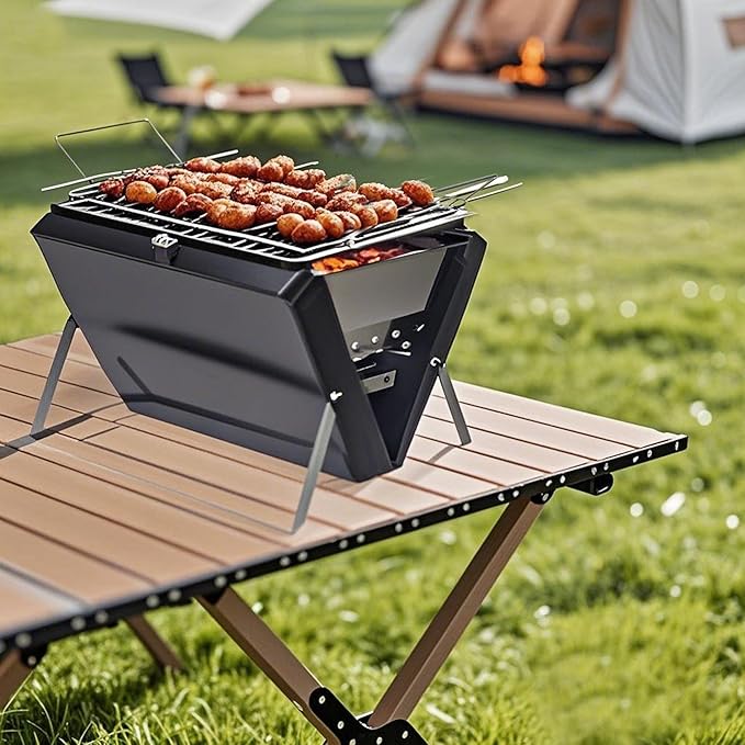 PMS Portable Camping Charcoal Grill, Folding Stainless Steel Stove for Outdoor Cooking BBQ Camping Hiking Picnic Backpacking