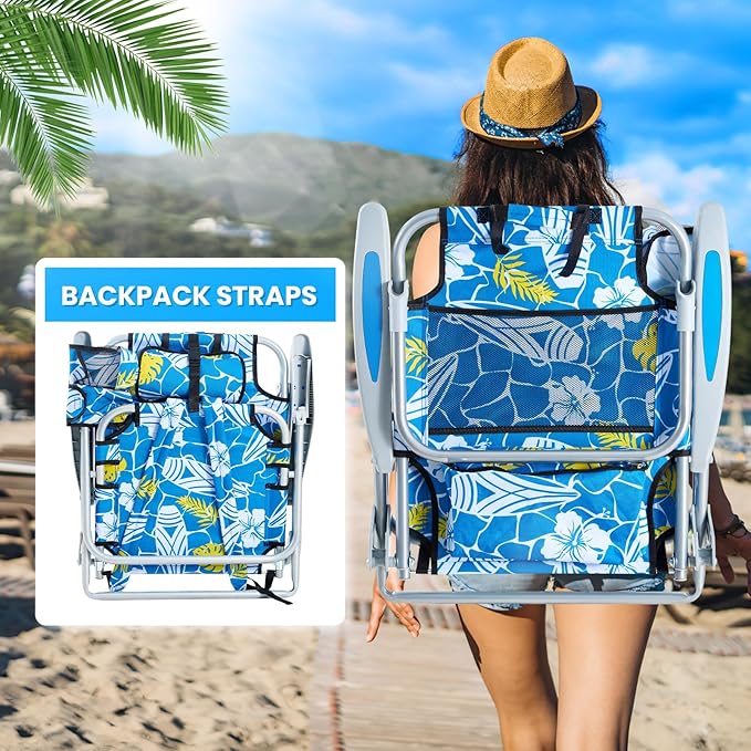 Portable Beach Chair for Adults, Outdoor Camping Chair Lay Flat Folding Backpack Beach Reclining Chair with 5 Positions, Headrest, Cup Holder, Heavy Hawaiian Style