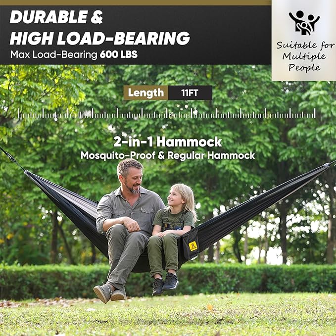 Camping Hammock with Mosquito Net, 600 lbs Portable Hammock with Tree Straps, 2-in-1 Double/Single Travel Hammock Tent for Outside/Indoor/Backpacking/Beach - Black & Grey