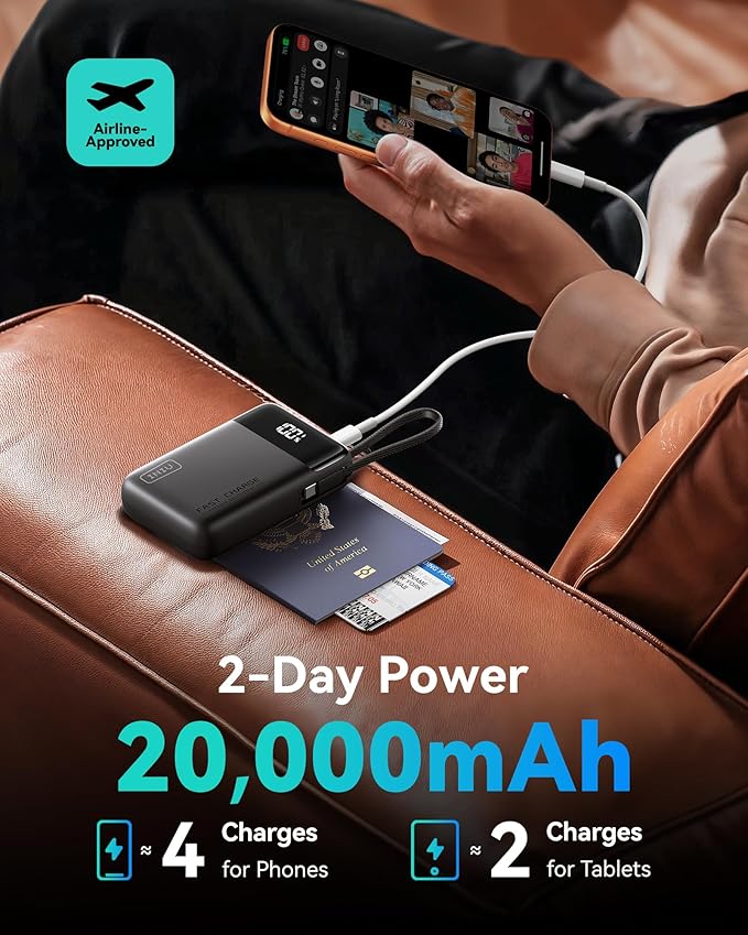 INIU 20000mAh Power Bank, Small Portable Charger, 45W PD Fast Charging Battery Pack with Build in USB-C Cable, Travel Phone Charger for iPhone 17 16 15 14 13 Air Samsung S25 S24 Google iPad Xiaomi etc