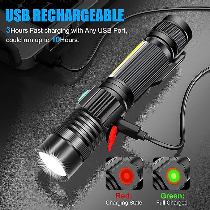 Hoxida USB Rechargeable Flashlight, Magnetic LED Flashlight, Super Bright LED Tactical Flashlight with Cob Worklight,Waterproof,Zoomable Small LED Flashlight for Camping, Flashlight with Holsters