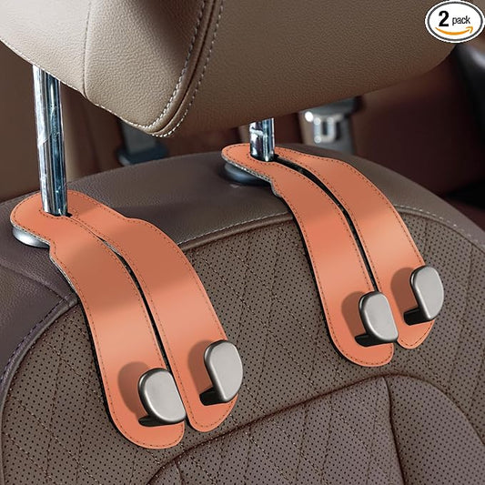 CoBak Purse Hook for Car - Universal Premium Stitched Leather and Aluminum-Magnesium Alloy Double Car Seat Back Storage Hook for Purses, Handbags, Bags (2 Pack),Coral Orange