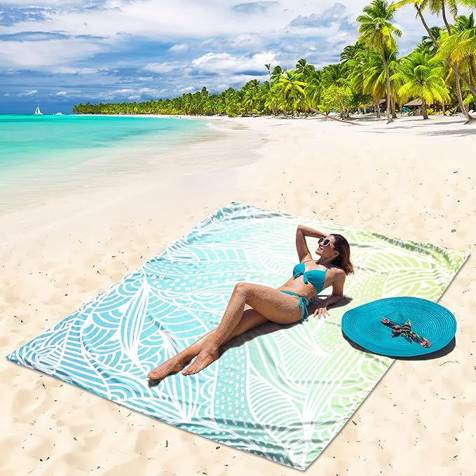 HIHOHO Beach Blanket Waterproof Sandproof Beach Mat for 1-8 Adults Quick Drying Durable Outdoor Picnic Mat for Beach Festival Travel Camping Hiking (Gradiant BL&GN-Ripple, 79"×108"(6 Person))