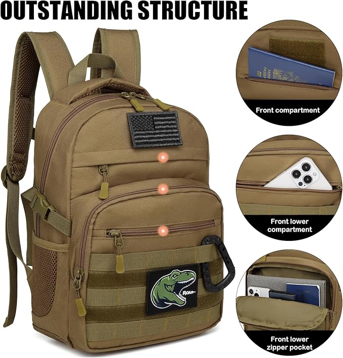 Kids Tactical Backpack Army Molle Bookbag Military Boys Backpack for School, Outdoor, Camping (Includes 2 Patches +1 Carabiner), Brown
