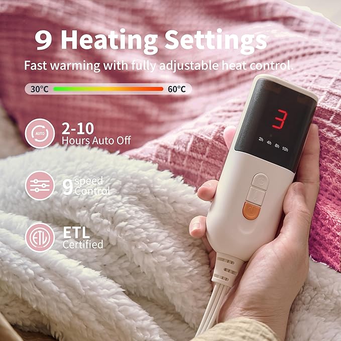 Texciting Heated Blanket Electric Blanket Throw 50”X60”-Heating Throw with 9 Heat Settings-10 Hours Auto Off,ETL Certified,Machine Washable (Light Pink)