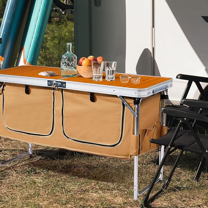 VINGLI 4 Ft Folding Table, Aluminum Camping Table, Picnic Table with Storage, Adjustable Height for Outdoor Beach BBQ Backyards Travel Party (White ＆ Grey)