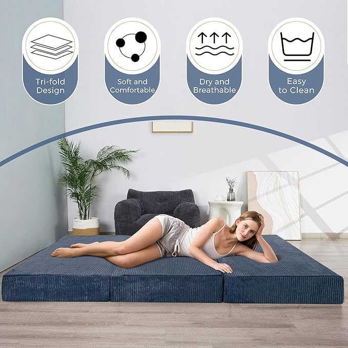 BYBYME Tri-Folding Corduroy Mattress, 6 Inch Gel Folding Mattress Topper, Foldable Soft Guest Bed Camping Pad, Washable Cover (Bluestone, Queen)