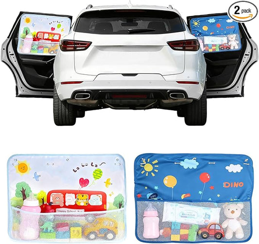 2 Pack Baby Car Sun Shade Side Window (26.8"×19.7"),Dinosaur/Animal Cartoon, Strong Suction Cups UV Heat Protection Sun Block Covers