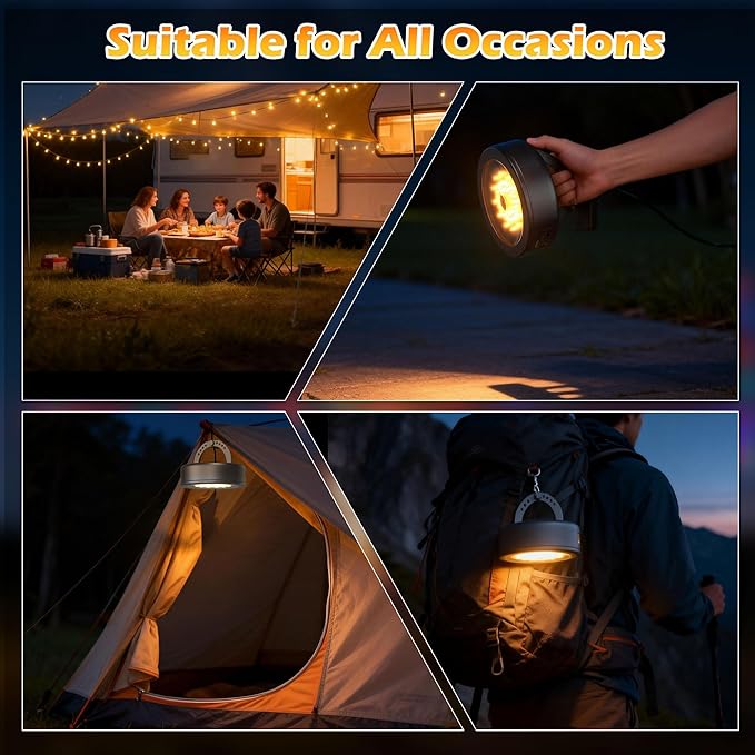 5200 mAh Solar Camping String Lights, Portable Warm White Fairy String Light, 33FT 4-in-1 Waterproof Hanging String Lights, USB-C Rechargeable Phone Charger for Christmas Decor, Patio, Party