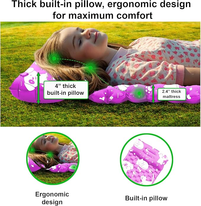 Inflatable Sleeping pad for Kids, Toddler and Youth | Air Mattress w Built-in Pump, 5’5” Ultralight Sleeping Mat with Pillow for Camping, Sleepovers & Travel | Airpad, Kids Cot, Camping Mattress -Pink