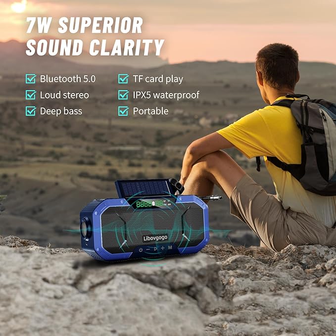 Emergency Radio Waterproof Bluetooth Speaker,Portable AM FM Radio with 5000mAh/18500mWh Cell Phone Charger,Flashlight,Reading Lamp,Hand Crank NOAA Weather Radio with Solar Panel,Emergency Survival Kit