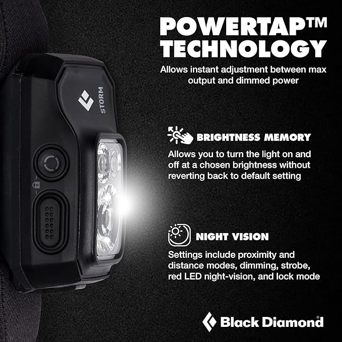 BLACK DIAMOND Storm 450 Headlamp | 450 Lumens Brightness | Waterproof & Dimmable | 3X AAA Battery Operated (Included | Camping, Hiking, Running | Black