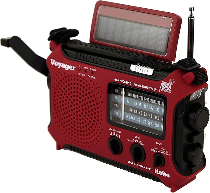 Kaito KA500IP-RED Voyager Solar/Dynamo AM/FM/SW NOAA Weather Radio with Alert and Cell Phone Charger, Red