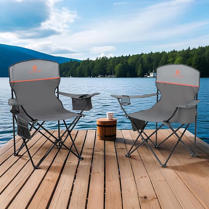 ALPHA CAMP Camping Chairs 350LBS Capacity, Heavy Duty Folding Chair with 4-Can Cooler Bag, Portable Outdoor Chair with Cup Holder for Adults, Collapsible for Tailgating, Beach, Fishing,Black,2PC
