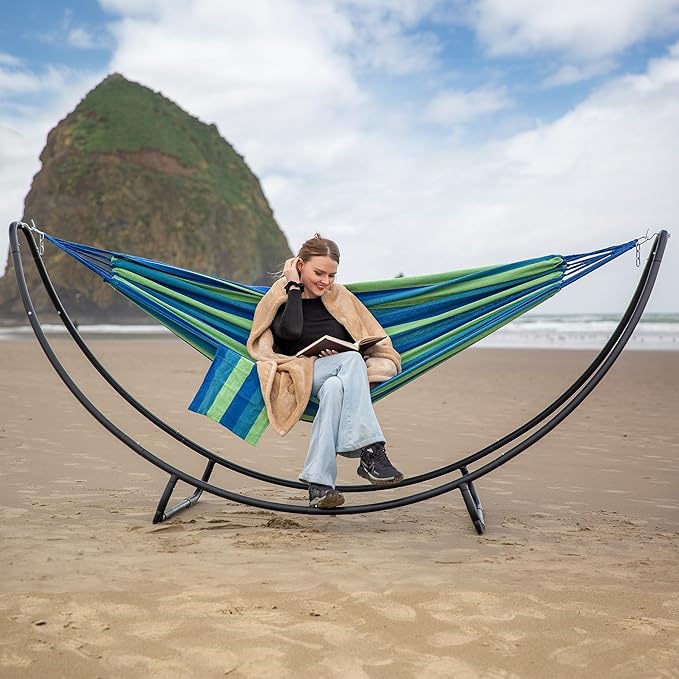 SUNCREAT Hammocks Standing Patio Hammock, Portable Hammock with Stand Foldable, Patent Pending, Blue Green