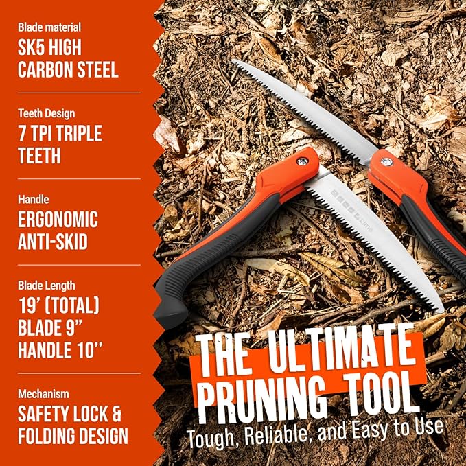 9-Inch Folding Camping Saw - Heavy Duty Pruning Saw with Triple-Cut SK5 Blade, 7 TPI Razor Teeth for Tree Trimming, Wood Cutting, Camping, Bushcraft, and Gardening Work