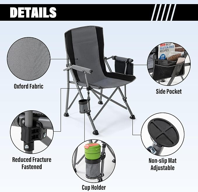 Lamberia Camping Chair for Adults, Heavy Duty 330lbs Capacity Folding Chairs for Outdoor, 600D Oxford Mesh High Back Camping Chairs with Arm Rest Cup Holder and Portable Carrying Bag(Light Grey)