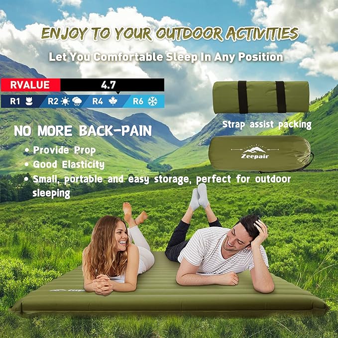 Double Camping Sleeping Pad, Ultralight Waterproof Inflatable 2-Person Sleeping Mat with Inflation Bag, Lightweight Portable Air Mattress for Outdoor Backpacking Hiking Car Traveling Tent (Green)