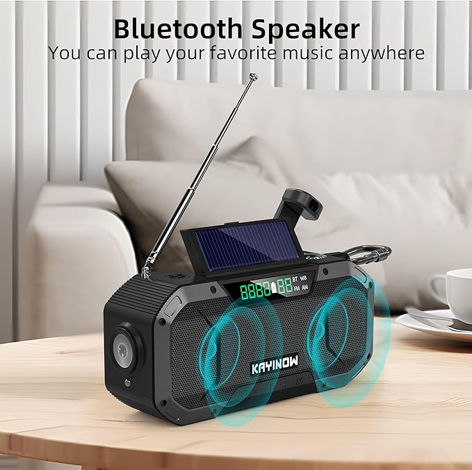 Weather Radio with AM/FM/NOAA,Bluetooth,Hand Crank Emergency Radio,5000mAh Battery Power,IPX5 Waterproof,Portable and Shock-Resistant,Flashlight and SOS for Home Outage Storm Emergencies