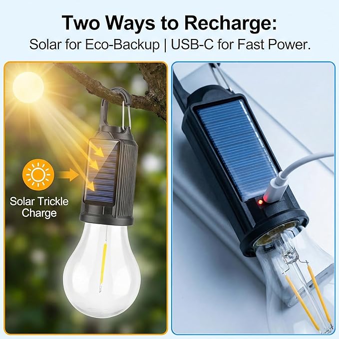 MODOAO 4-Pack Solar LED Camping Lantern, Rechargeable Outdoor Light with USB-C Charging, 3 Modes Waterproof Tent Light with Hook for Camping Emergency, Hiking, Gift