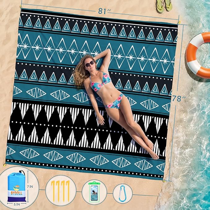 BYDOLL Beach Blanket Waterproof Sandproof Large Sand Free, 78''X81'' Oversized Sandless Lightweight Blanket Picnic Mat for Beach Travel Camping Hiking with Stakes
