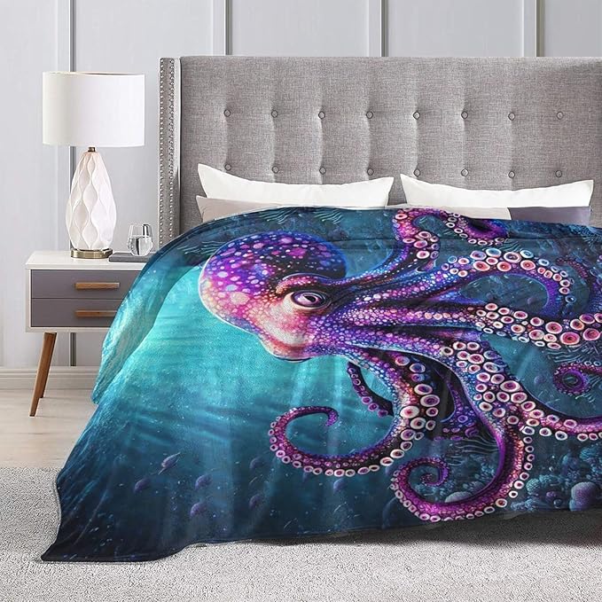 Ocean Octopus Blanket Soft Octopus Flannel Fleece Blanket Cozy Warm Nautical Decor Bedding Stuff Plush Throw Blanket Gifts for Lover Girls Boys Kids Women Adults 50"x60"