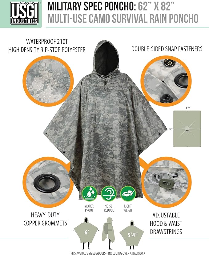 USGI Industries Military Style Poncho Multi Use Rip Stop Camouflage Rain Poncho