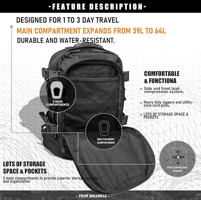 Miramrax Tactical Backpack Military Hiking Daypack - Molle Backpack for Men 3 Day Assault Pack Bug Out Bag for Camping Travel Army Hunting Gym Rucksack Survival (Black)