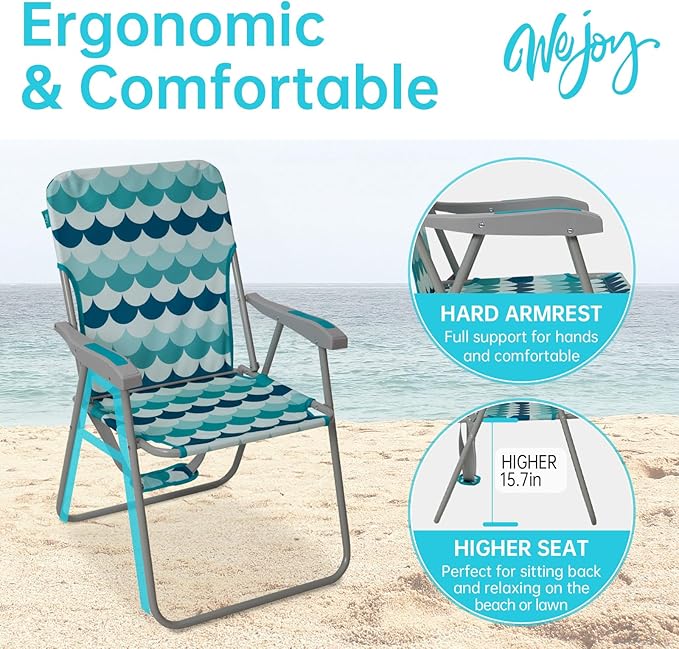 #WEJOY Folding Beach Chair for Adults, Lightweight Beach Chair with Shoulder Straps, High Back Camping Chairs with Hard Armrest, Supports 300lbs for Outdoor Lawn Concert