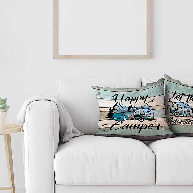 Happy Camper Pillow Covers Set of 2, Vintage Decorative Camping Pillow Cover Camper Decorations for Inside Gifts for Outdoor Travel Pillowcases for RV Couch Living Room (Insert Excluded)