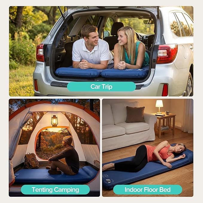 Memory Sleeping Pad, 3.1" Ultra-Thick Foam Sleeping Mat for Camping, Self-Inflating Sleeping Pad with Pillow, Quiet & 9.5 R-Value, 4-Season Camping Mattress Pad for Tent Car Travel (Dark Blue)