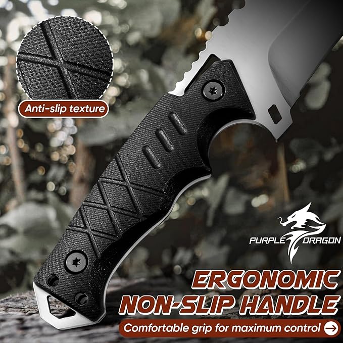 Purple Dragon Fixed Blade Knife with Kydex Sheath - D2 Steel Survival Knives for Camping, Bushcraft - Ergonomic G10 Handle Outdoor Survival Gear Christmas Gift for Men and Women