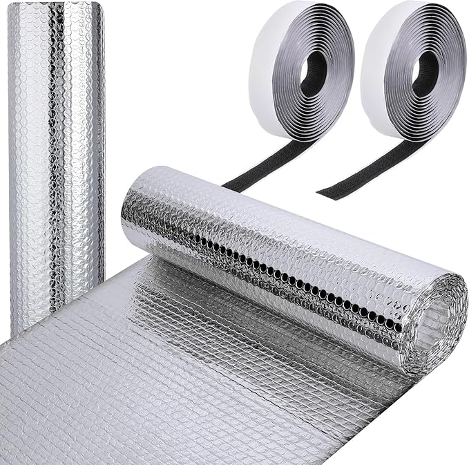 Frienda Rv Window Reflective Insulation Roll 47.2inch*10ft Double Aluminum Foil Heat Bubble Thermal Window Shade Door Cover Blackout for Garage Roof Travel Camper Skylight Shield