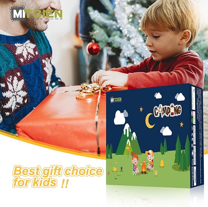 MITCIEN Camping Toys Play Set, Pretend Campfire, Play Food for Kids with Oil Lantern, Pretend Fruits Vegetables Cutting, S'Mores, Indoor Outdoor Toys for Toddler