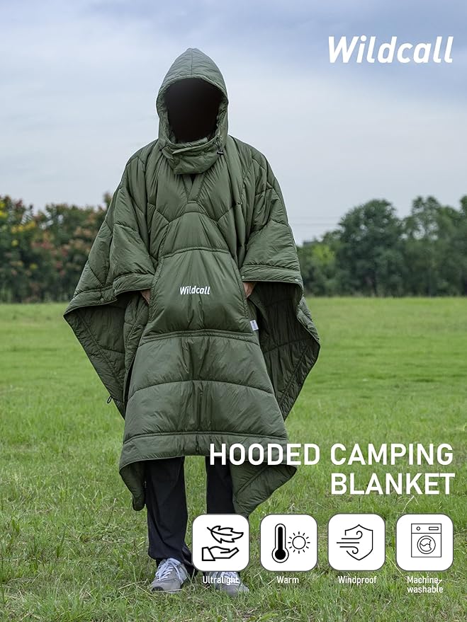 WildCall Hooded Camping Blanket with 3M Thinsulate Insulation Wearable Poncho Blanket Ultralight Foldable Quilt Sleeping Bag for Outdoor, Hiking, Stadium
