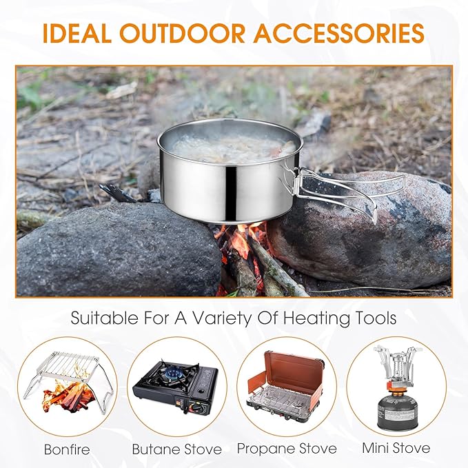 Funnymoom 14 Piece Camp Cooking Set, Stainless Steel Camping Cookware with Pot and Pan Kit 2 Set Stainless Steel Cups Plates Forks Knives Spoons for Camping, Backpacking, Outdoor Cooking and Picnic