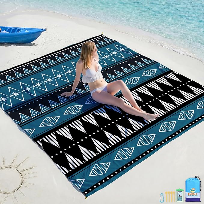 BYDOLL Beach Blanket Waterproof Sandproof Large Sand Free, 78''X110'' Oversized Sandless Lightweight Blanket Picnic Mat for Beach Travel Camping Hiking with Stakes