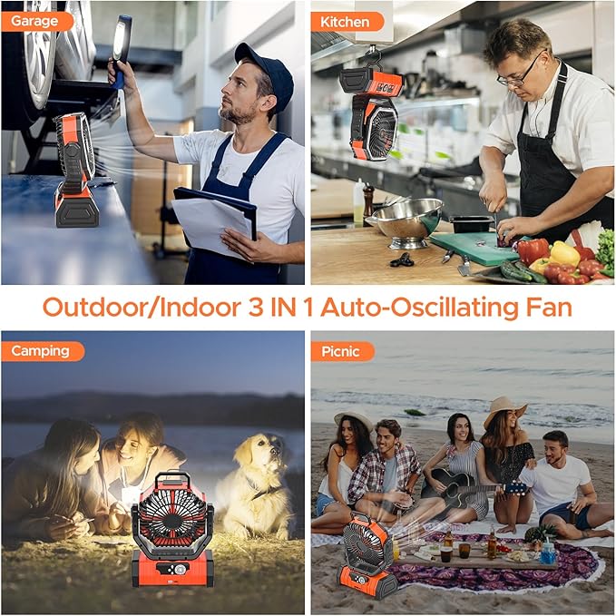 Rechargeable Camping Fan with LED Lantern, 20000mAh Auto-Oscillating Battery Operated with Remote/Hook/Timer, 8” Portable Fan for Picnic, Fishing,Tent, RV, Power Outages, Hurricane(Orange)