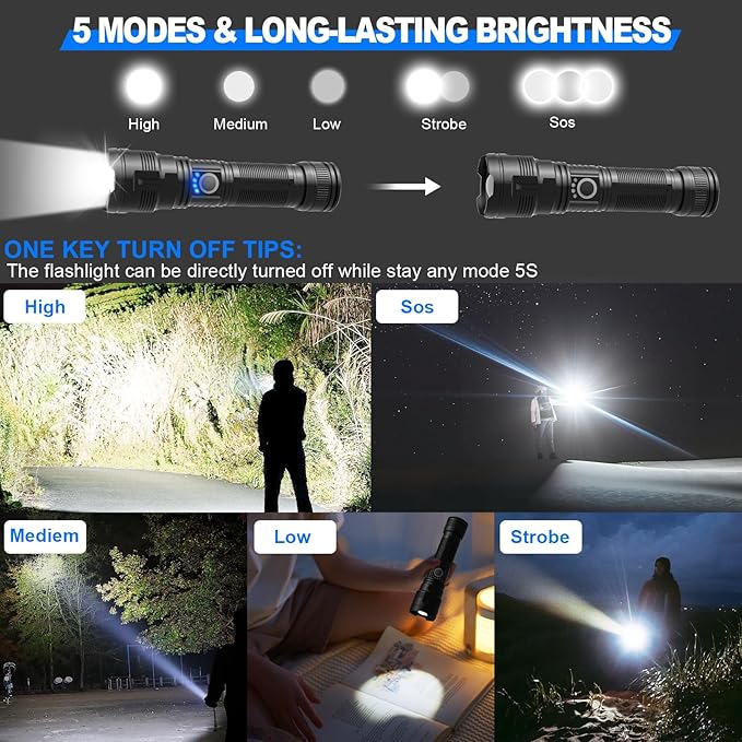 Rechargeable Tactical Flashlights High Lumens,Super Bright LED Flashlight,Powerful Flash Light with 5 Modes,Waterproof,Power Handheld Flashlight for Emergency,Camping,Hurricane,Hiking