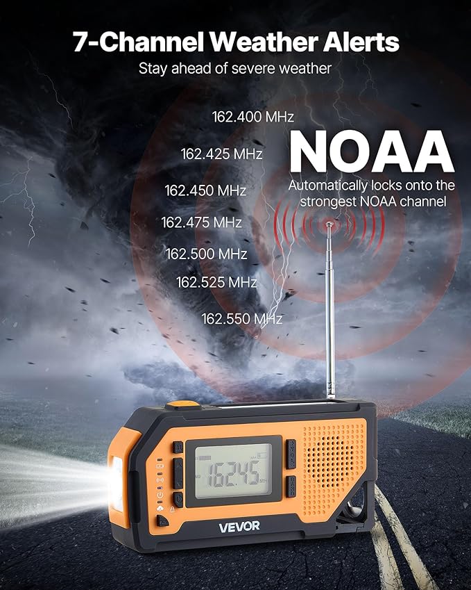 VEVOR Emergency Weather Radio, 2000mAh Battery, FM/AM/WB/NOAA Alert Solar Hand Crank Emergency Radio, with USB Charging Cable, SOS Alarm and Flashlight, Portable for Outdoor Emergencies, Camping