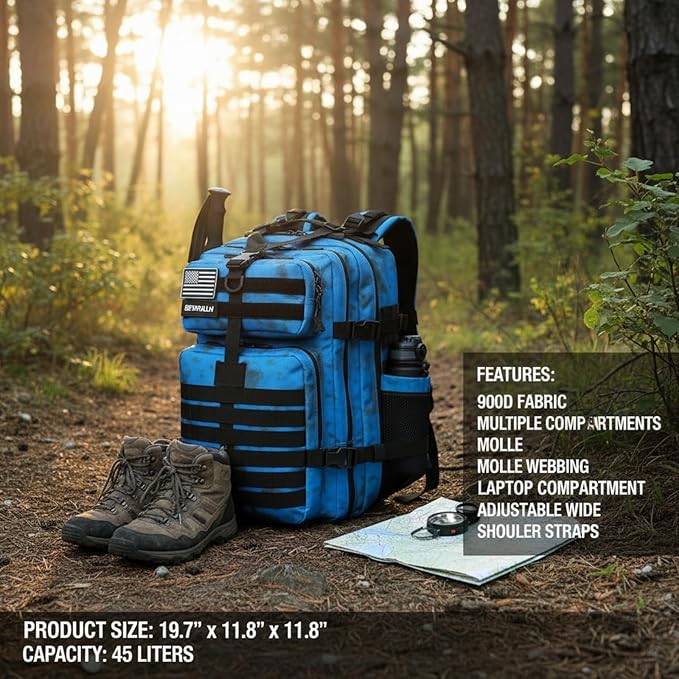 45L Military Tactical Backpack for Men & Women Bug Out Bag Assault pack Molle Daypack Hiking Trekking Rucksack (2.0 side pockets （blue tie dye）)