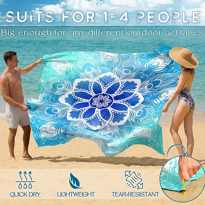 BYDOLL Beach Blanket Waterproof Sandproof Large Sand Free, 78''X81'' Oversized Sandless Lightweight Blanket Picnic Mat for Beach Travel Camping Hiking with Stakes