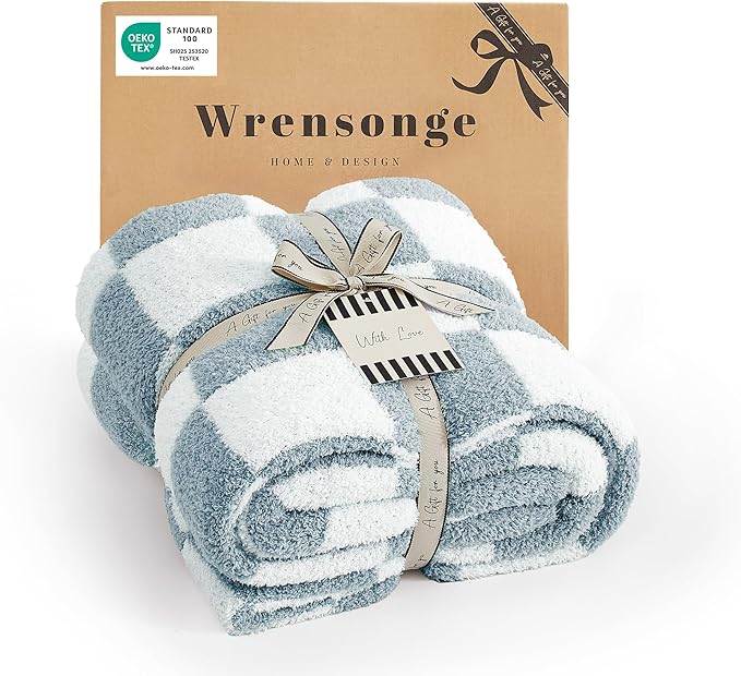WRENSONGE Checkered Throw Blanket, Grey Blue Soft Cozy Fluffy Warm Hand Made Throw Blankets for Couch, Sofa, Chair, Bed, Camping, Picnic, Travel Lightweight Bed Blanket - 50"*60"