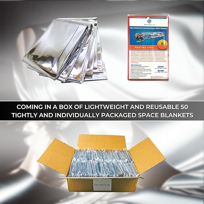 Emergency Mylar Foil Blanket 50-PACK - Extra Large 84" x 64" - Thermal Reflective Covers for Camping, First Aid and Far Infrared Sauna - Survival Prep Gear, Waterproof, Windproof, Lightweight