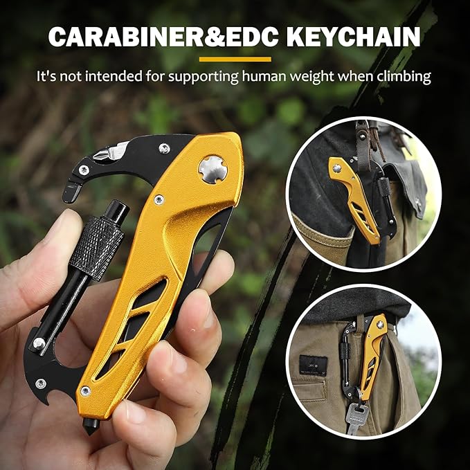 Stocking Stuffers Gifts for Men, Carabiner Multitool 6-in-1 EDC Carabiners Pocket Knife with Window Breaker, Bottle Opener and Screwdriver，Folding Knife for Camping Hiking（Gold）