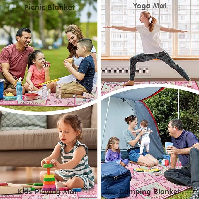 Supfitness Extra Large Picnic Blankets Waterproof Foldable (80"x 80") Axolotl Beach Blanket Waterproof Sandproof,3-Layer Thicking Mat Outdoor Packable Camping Blanket